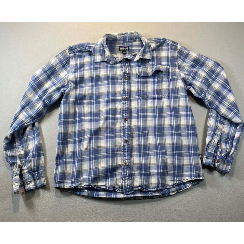 Patagonia Mens Organic Cotton Flannel Plaid Button Down Shirt Blue White Size M
